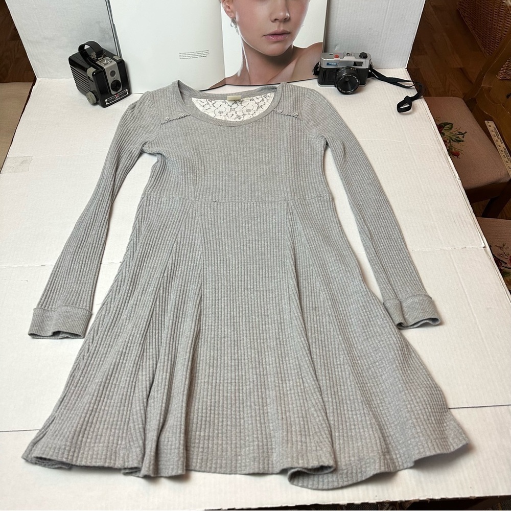 Eloise Gray Waffle Knit Fit & Flare Dress Lace Back Size Small Cottagecore - Picture 2 of 11